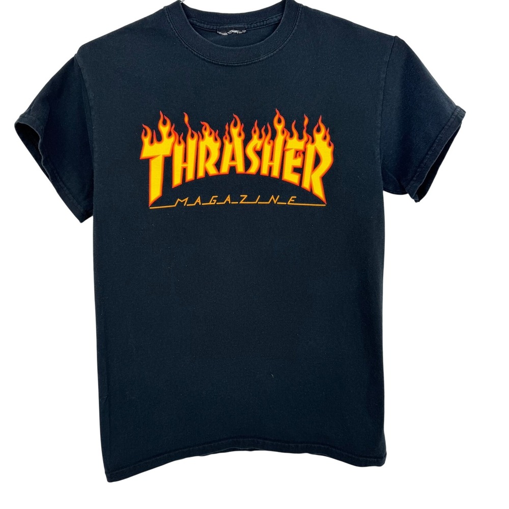 VTG Thrasher Magazine Flame Neon Logo Black T-Shirt Skater Grunge Men's XS/SM